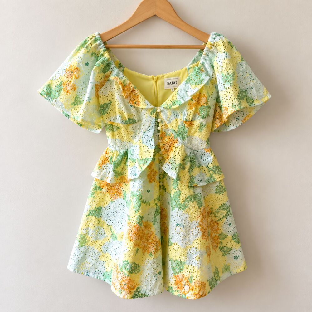 SABO Floral Eyelet Mini Dress Size S US 4 Yellow Green Puff Sleeve Ruffle